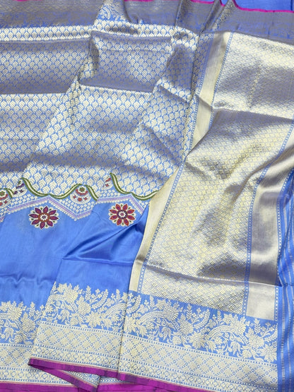 Sky Blue Handwoven Pure Banarasi Silk Saree in Kadwa Weave | Authentic Katan Mulberry Silk