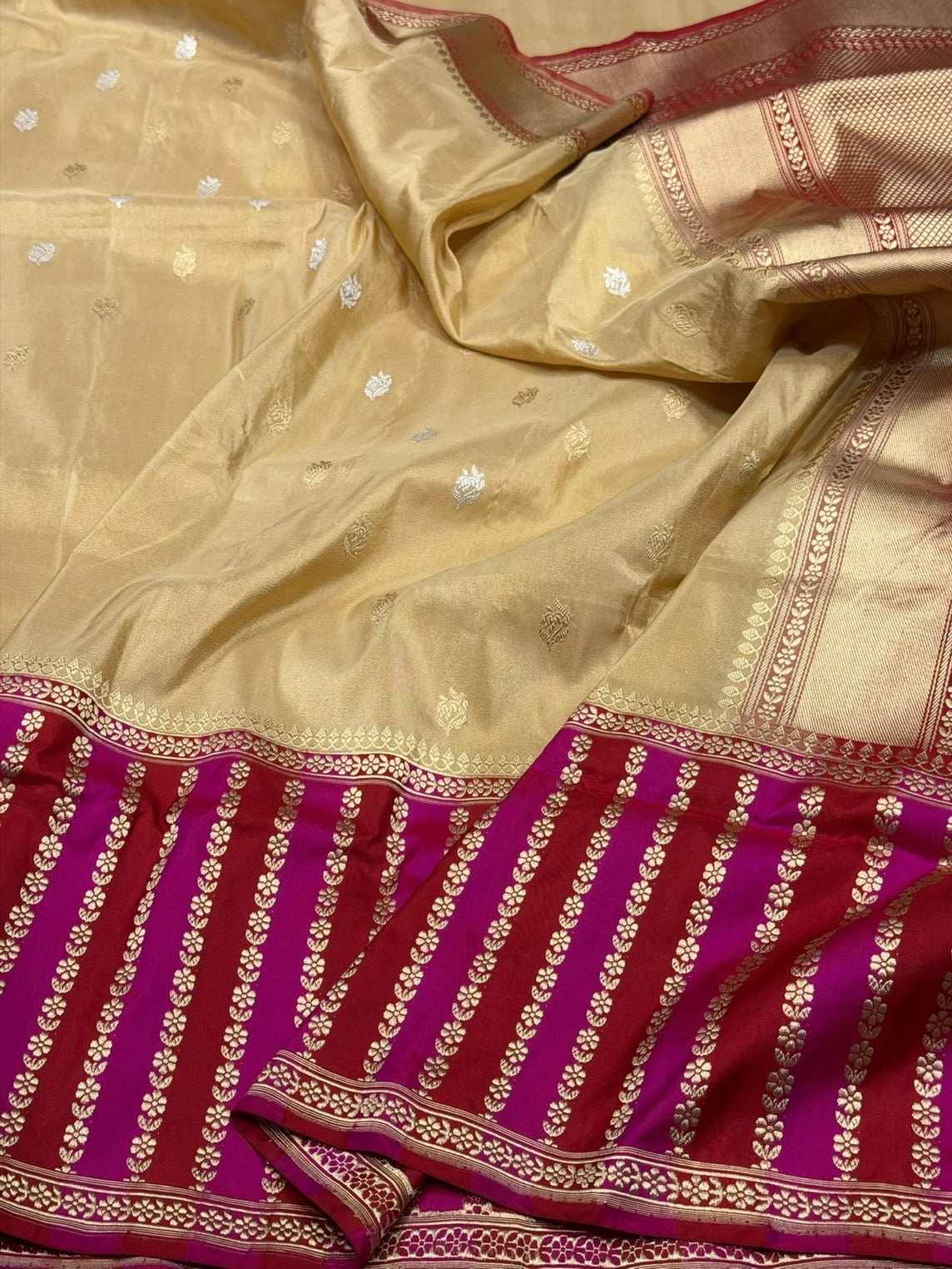 Beige/Red Handwoven Pure Banarasi Tissue Silk Saree