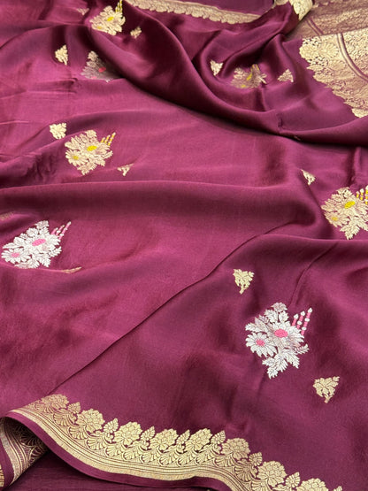 Wine Handwoven Pure Mashru Banarasi Satin Silk Saree
