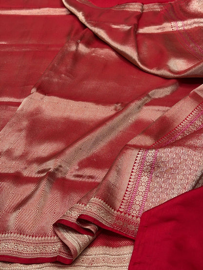 Red Handwoven Pure Banarasi Satin Silk Brocade Saree – Luxury Brocade Work