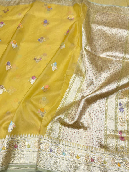 Mehndi Yellow Handwoven Pure Organza Silk Saree