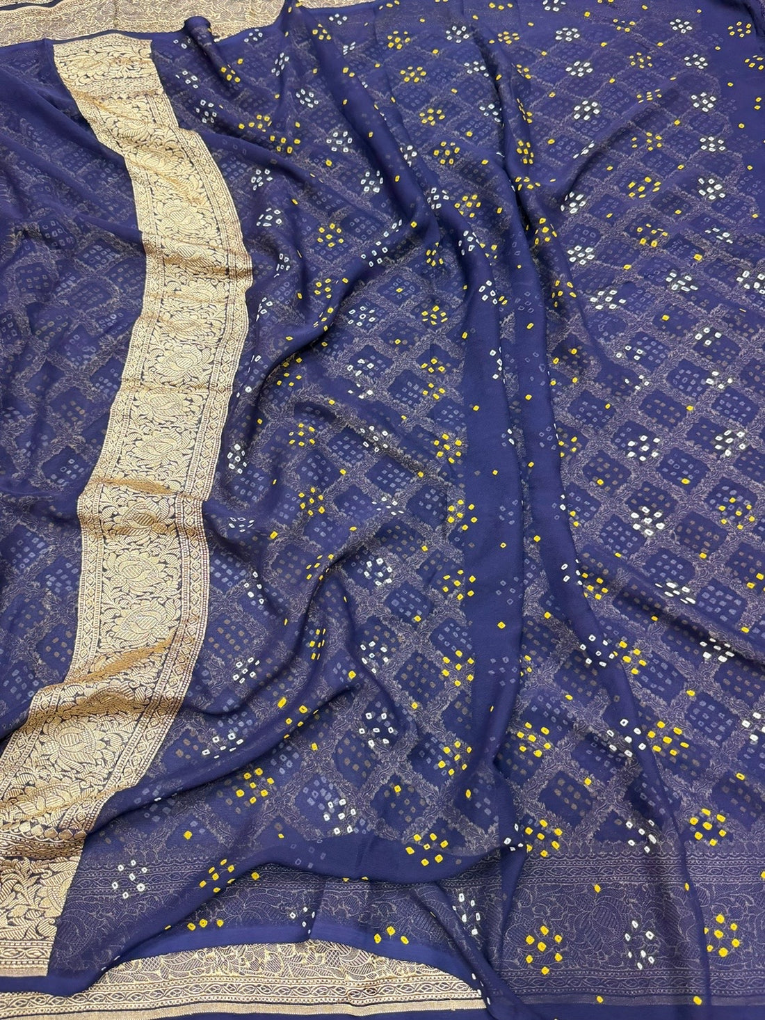Navy Blue Banarasi Pure Bandhej Georgette Saree – Luxury Cutwork Brocade Wedding &amp; Festive Saree