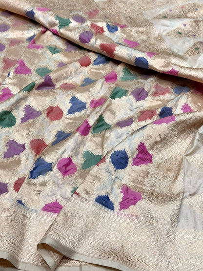 Ivory Banarasi Pure Rangkaat Silk Saree – Cutwork Weave in 100% Pure Katan Silk