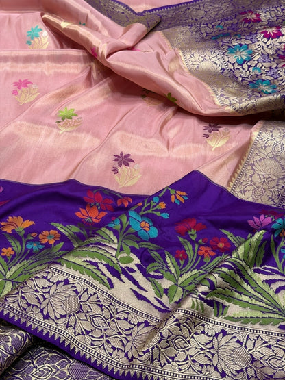 Peach Handwoven Pure Banarasi Tissue Saree