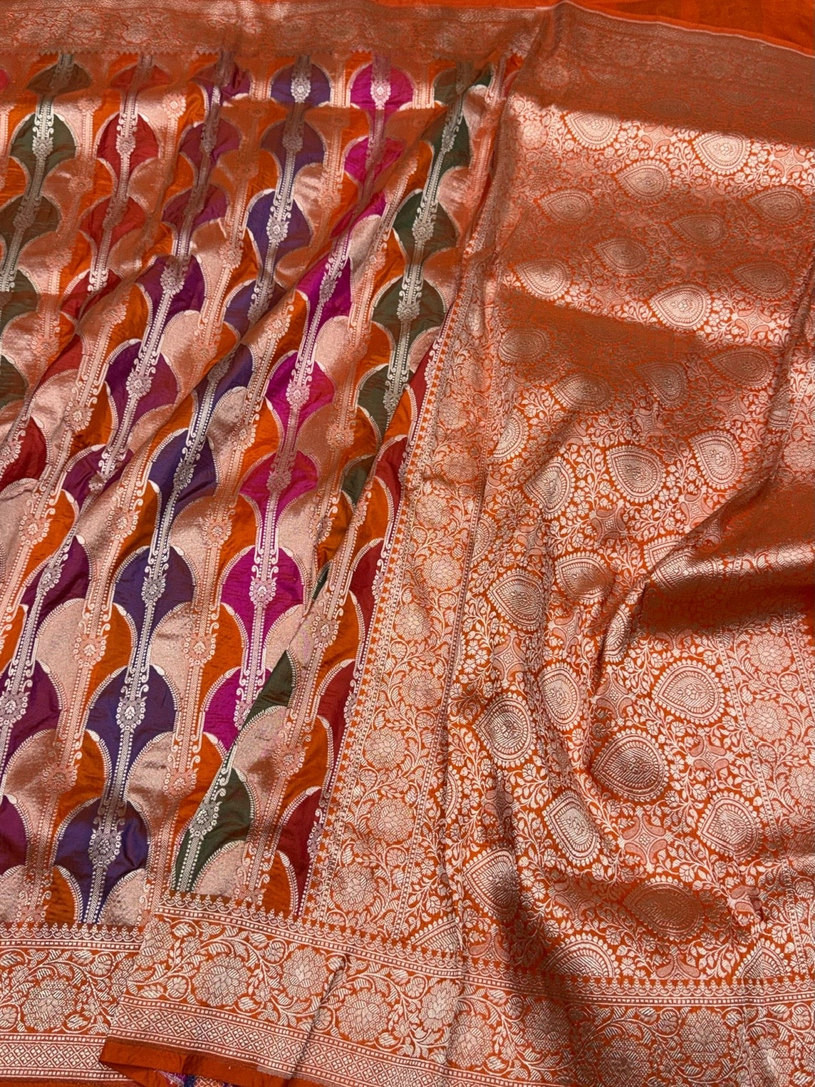 Orange Banarasi Pure Rangkaat Silk Saree – Cutwork Weave in 100% Pure Katan Silk