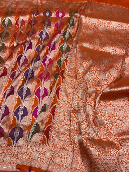 Orange Banarasi Pure Rangkaat Silk Saree – Cutwork Weave in 100% Pure Katan Silk
