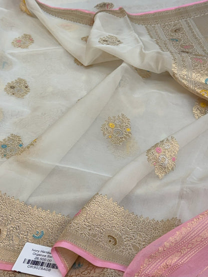 Ivory Handwoven Pure Banarasi Organza Silk Saree