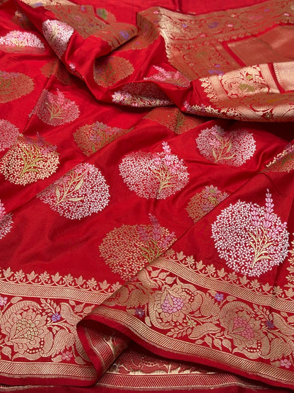 Red Handwoven Pure Banarasi Silk Saree in Kadwa Weave – Authentic Katan Mulberry Silk