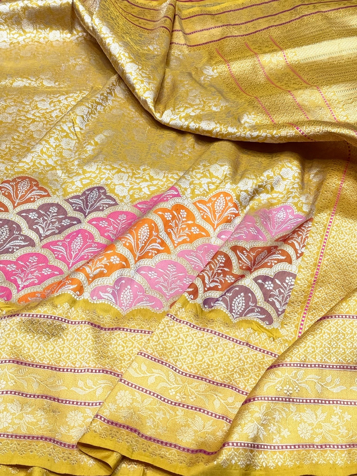 Yellow Handwoven Pure Banarasi Silk Saree in Kadwa Weave | Authentic Katan Mulberry Silk