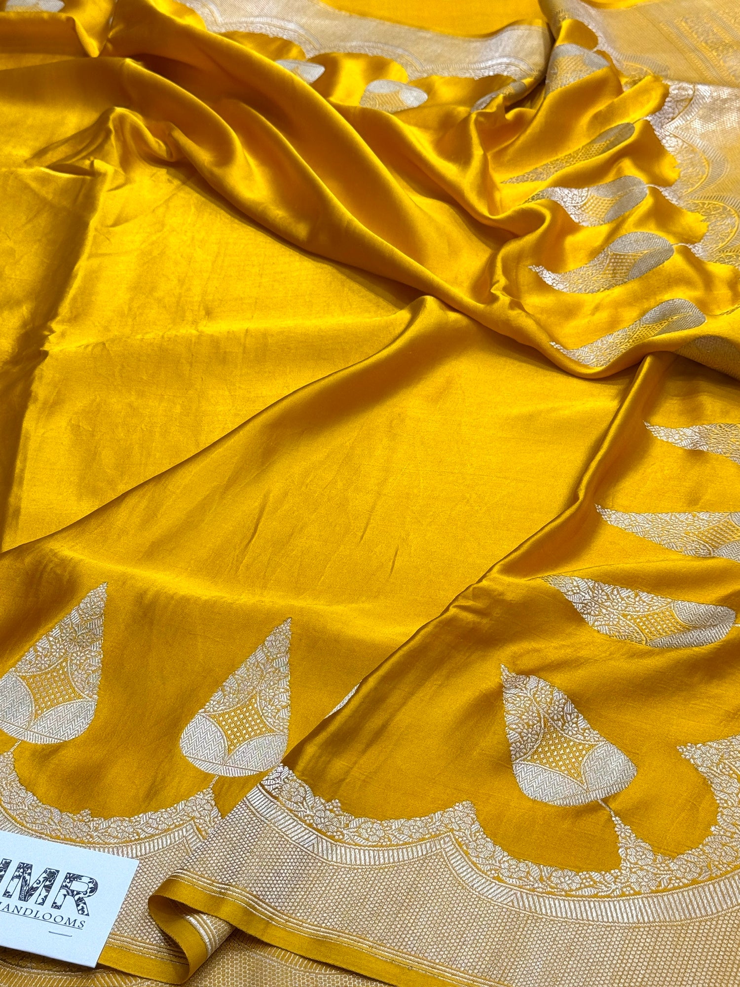 Yellow Handwoven Pure Mashru Banarasi Satin Silk Saree – Kadwa Weave | Authentic Banaras Handloom