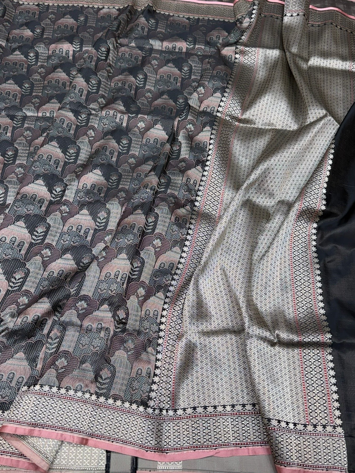 Black Handwoven Pure Banarasi Satin Silk Saree – Traditional Kadwa Weave in 100% Pure Satin Silk