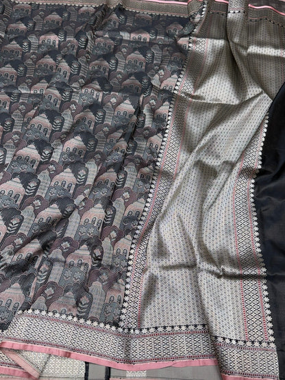 Black Handwoven Pure Banarasi Satin Silk Saree – Traditional Kadwa Weave in 100% Pure Satin Silk