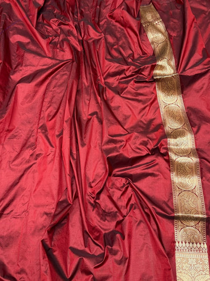 Maroon Handwoven Pure Banarasi Silk Saree in Kadwa Weave | 100% Pure Katan Silk