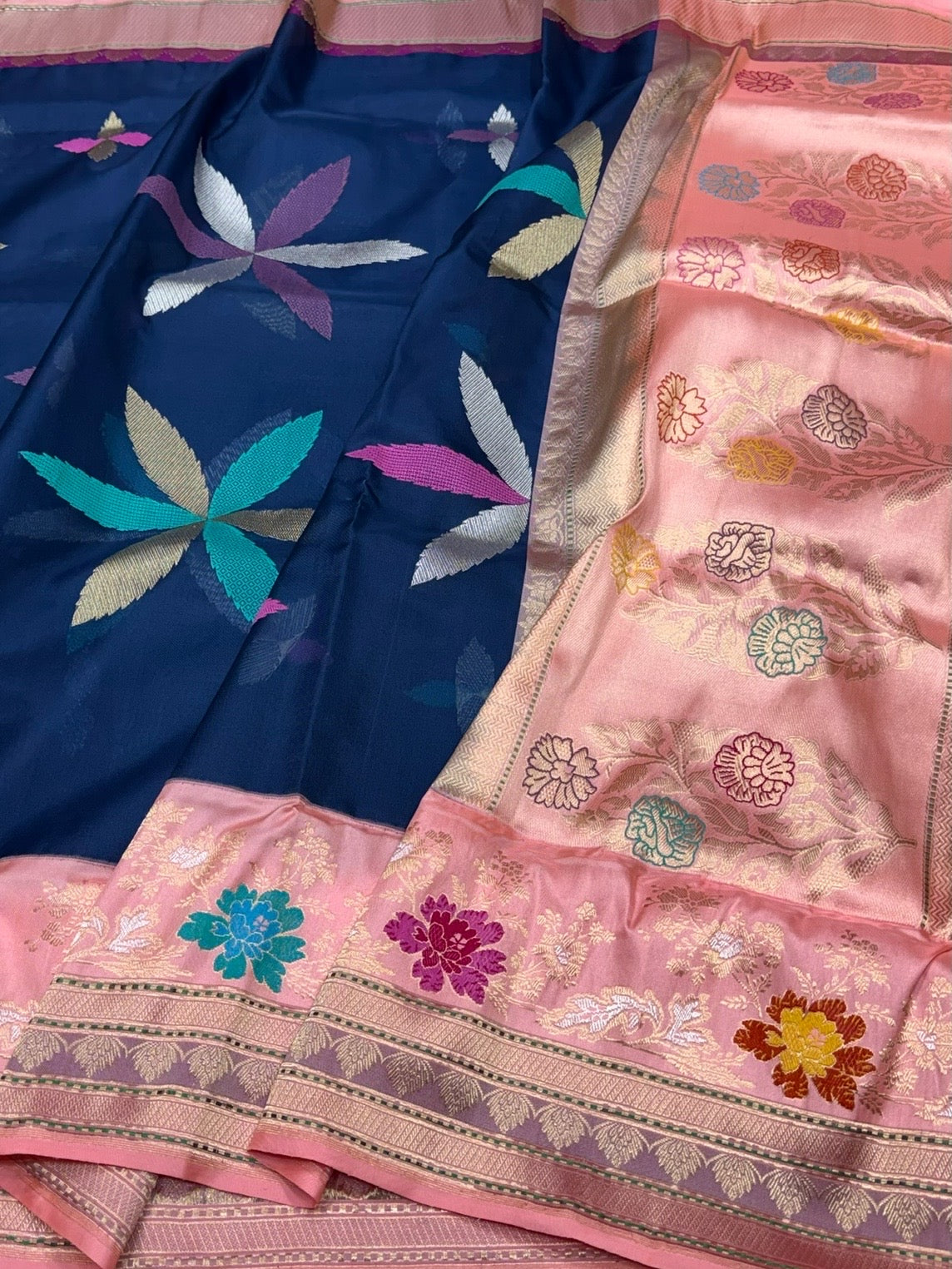 Navy Blue Handwoven Pure Banarasi Organza Silk Saree – Kadwa Weave in Kora Mulberry Silk