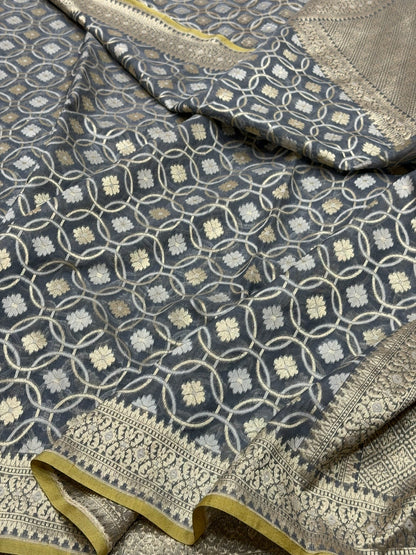 Ash Grey Banarasi Pure Kora Cotton Saree
