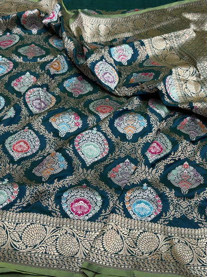 Deep Teal Blue Handwoven Pure Banarasi Silk Saree in Kadwa Weave – 100% Katan Mulberry Silk