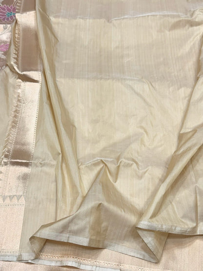 Cream Handwoven Pure Banarasi Antique Zari Silk Saree