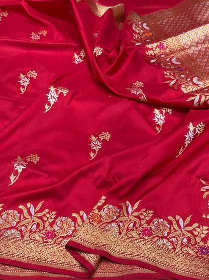 Red Handwoven Pure Banarasi Silk Saree – Traditional Kadwa Weave in 100% Katan Silk