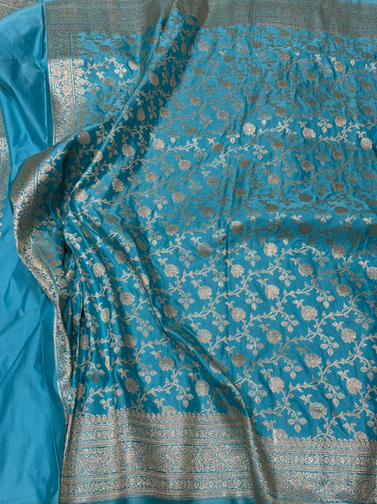 Sky Blue Handwoven Vintage Pure Banarasi Satin Silk Saree