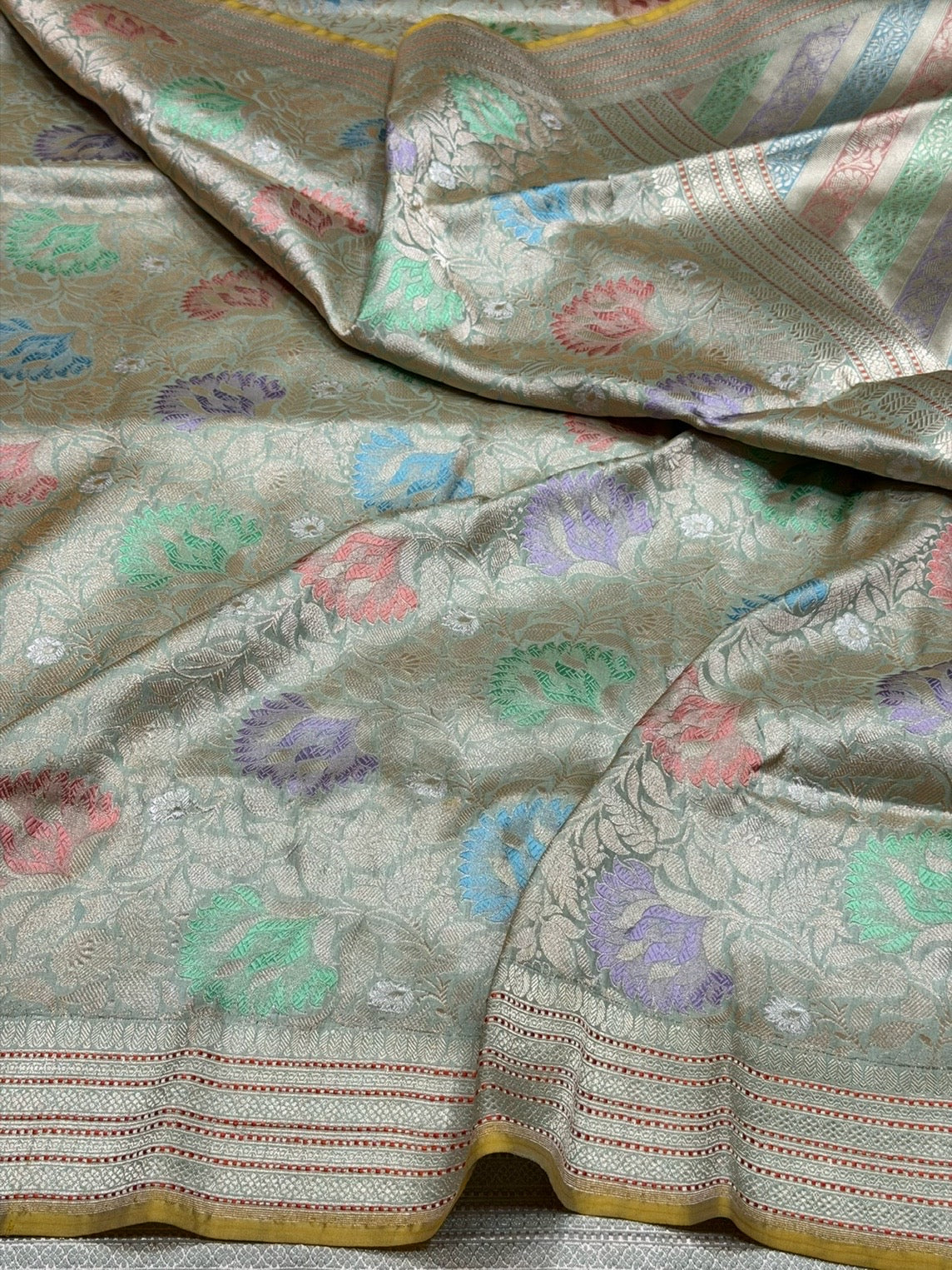 Pista Handwoven Pure Banarasi Satin Silk Brocade Saree