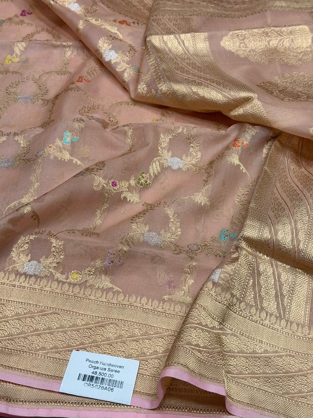 Peach Handwoven Pure Organza Silk Saree