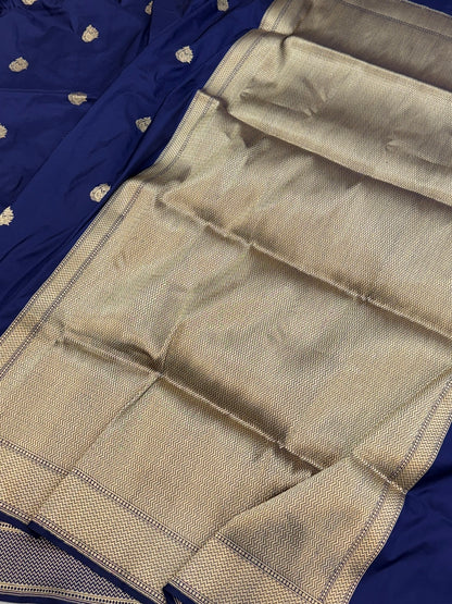 Navy Blue Handwoven Pure Banarasi Silk Saree – Pure Katan Silk | Kadwa Weave | Authentic Banarasi Handloom