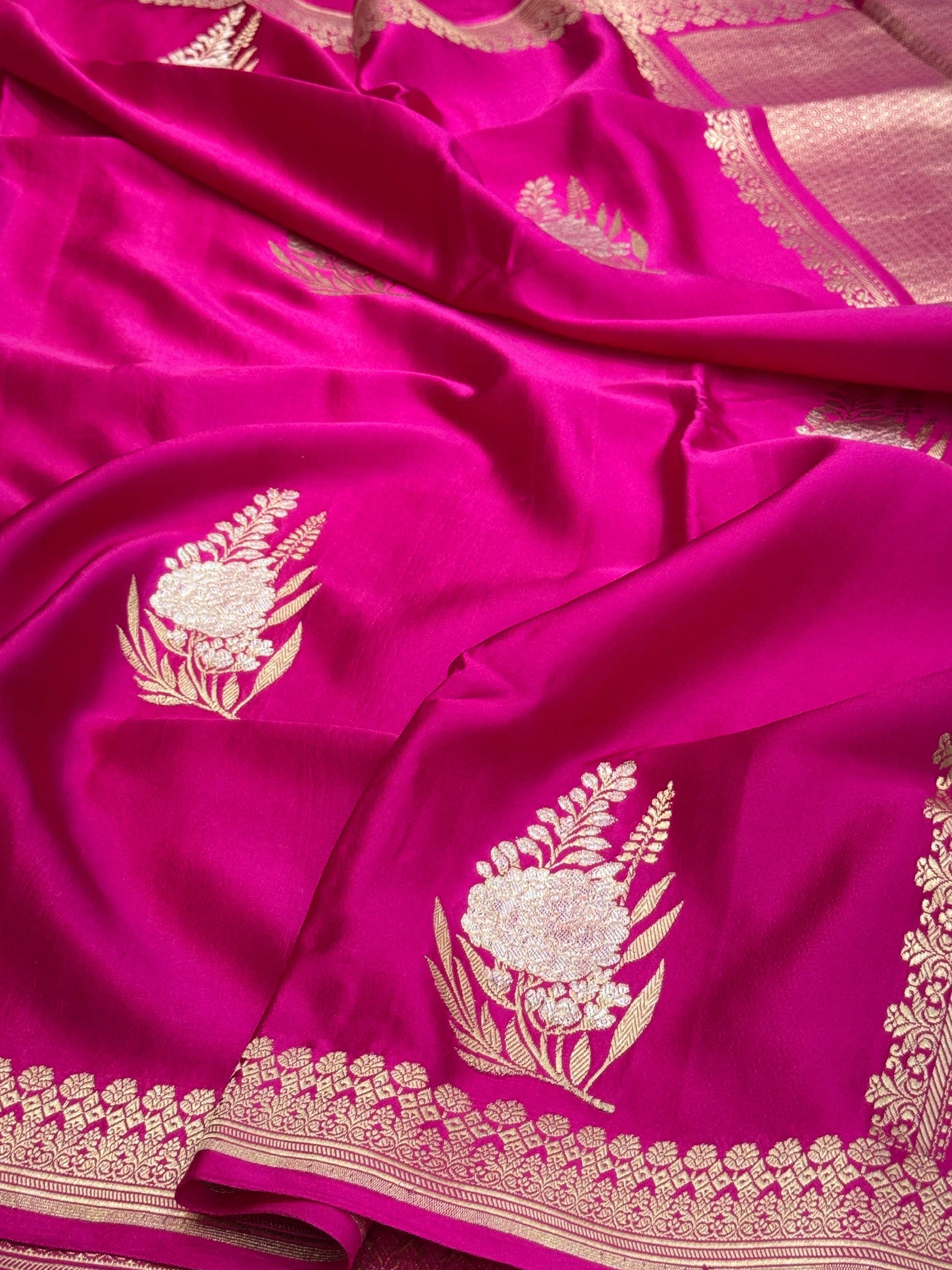 Rani Pink Handwoven Pure Mashru Banarasi Satin Silk Saree – Kadwa Weave | Authentic Banaras Handloom