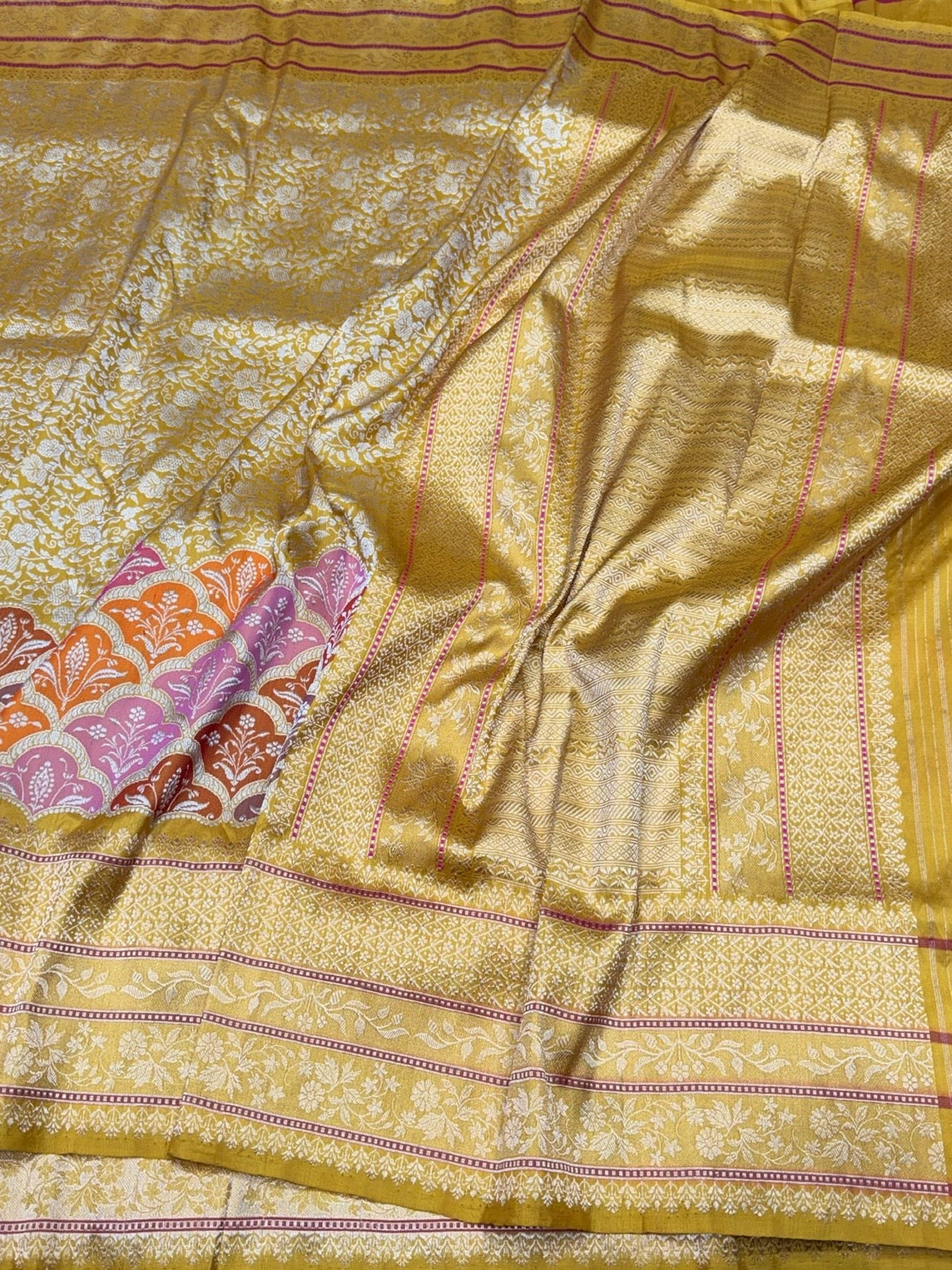 Yellow Handwoven Pure Banarasi Silk Saree in Kadwa Weave | Authentic Katan Mulberry Silk