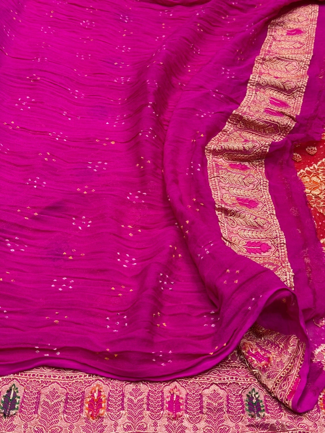 Rani Pink Banarasi Pure Bandhej Georgette Saree – Luxury Cutwork Brocade Wedding &amp; Festive Saree