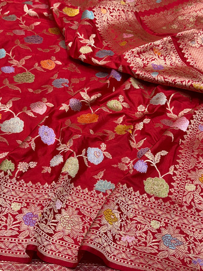 Red Handwoven Pure Banarasi Silk Saree in Kadwa Weave – Katan Mulberry Silk