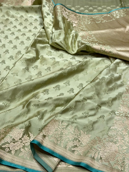 Pista Handwoven Pure Banarasi Satin Tanchoi Silk Saree