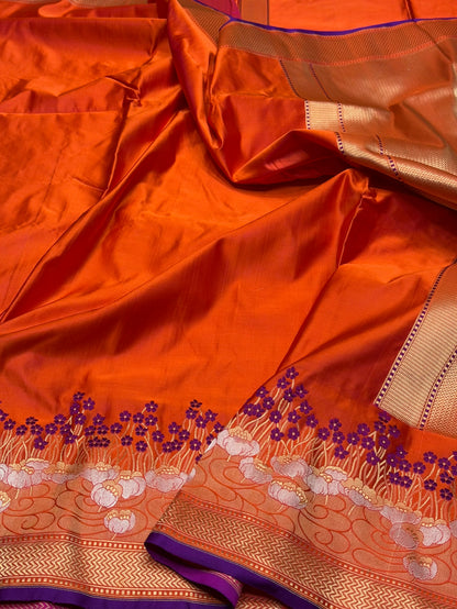 Orange Handwoven Pure Banarasi Satin Silk Saree – Kadwa Weave in 100% Satin Silk
