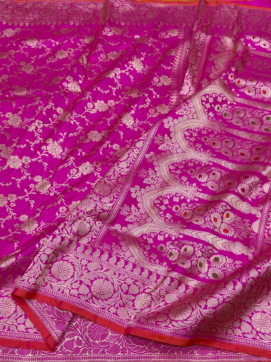 Rani Pink Handwoven Pure Banarasi Silk Saree in Kadwa Weave | Authentic Katan Mulberry Silk