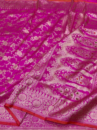 Rani Pink Handwoven Pure Banarasi Silk Saree in Kadwa Weave | Authentic Katan Mulberry Silk