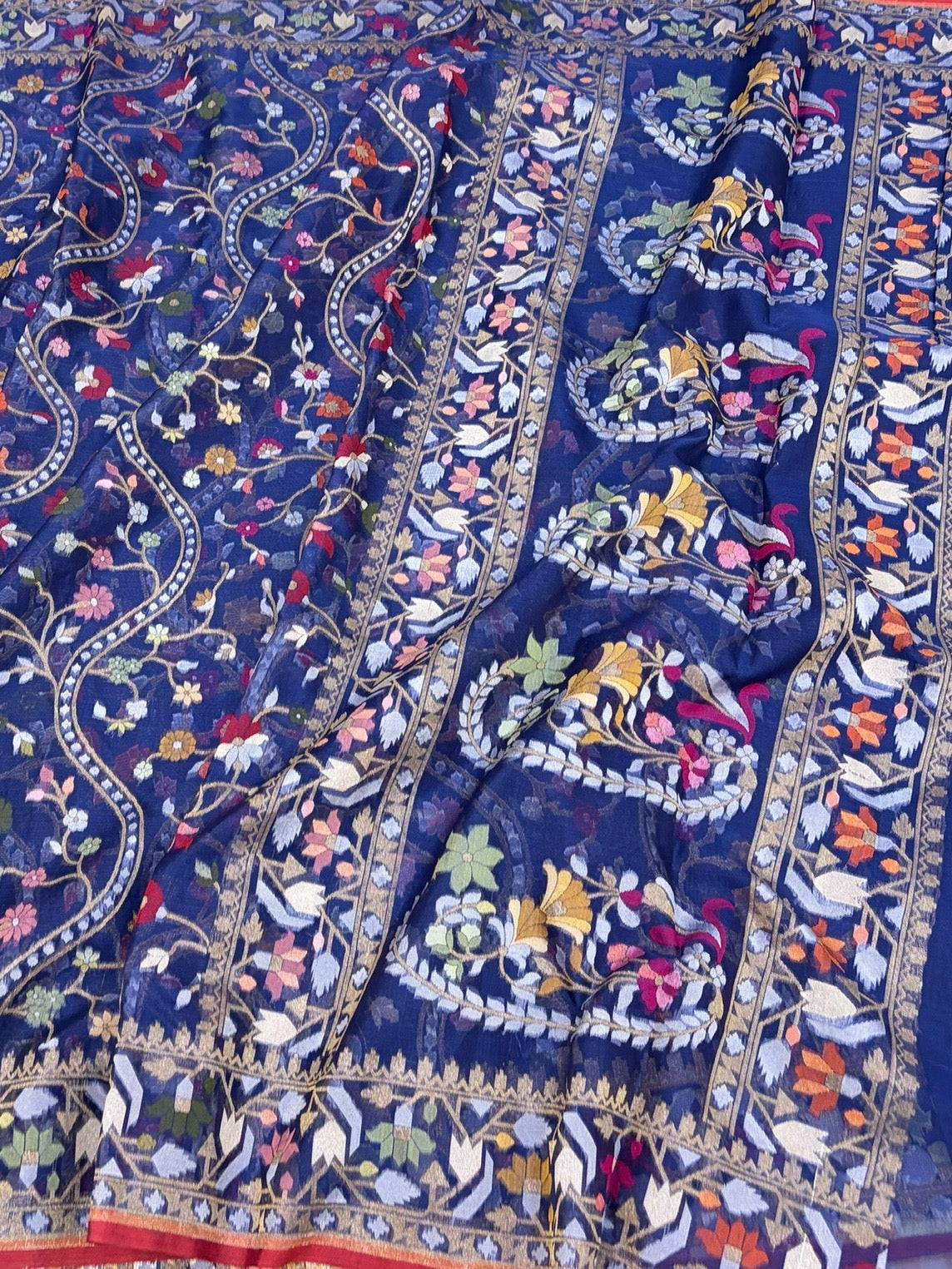 Navy Blue Banarasi Pure Kora Jamdani Saree