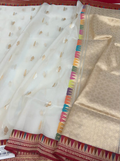 White/Red Handwoven Pure Banarasi Organza Silk Saree