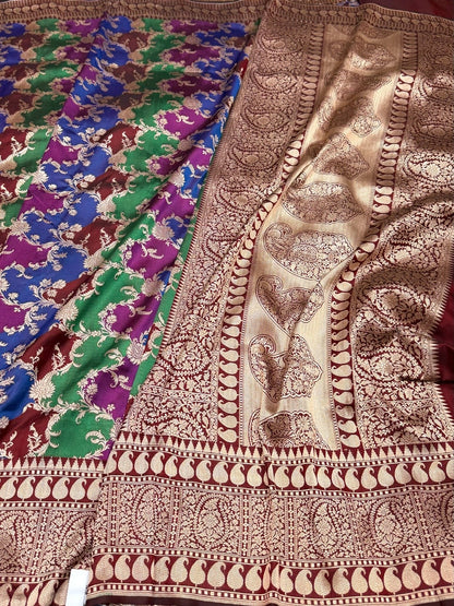 Multicolour Banarasi Pure Silk Saree – Cutwork Weave in 100% Pure Katan Silk