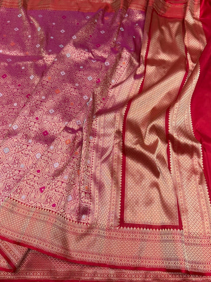 Red Pure Banarasi Silk Brocade Saree with Satin Border – Katan Silk Elegance