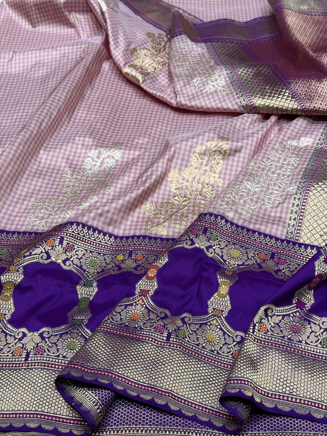 Baby Pink &amp; Purple Handwoven Pure Banarasi Silk Saree in Kadwa Weave | 100% Pure Katan Silk