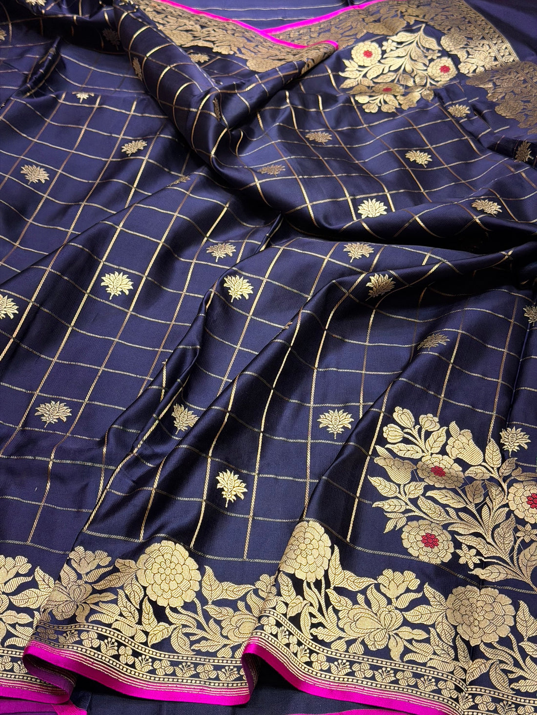 Purple Handwoven Pure Banarasi Mashru Satin Silk Saree – Kadwa Weave | Pure Satin Silk | Luxury Check Pattern