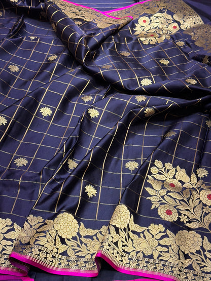 Purple Handwoven Pure Banarasi Mashru Satin Silk Saree – Kadwa Weave | Pure Satin Silk | Luxury Check Pattern