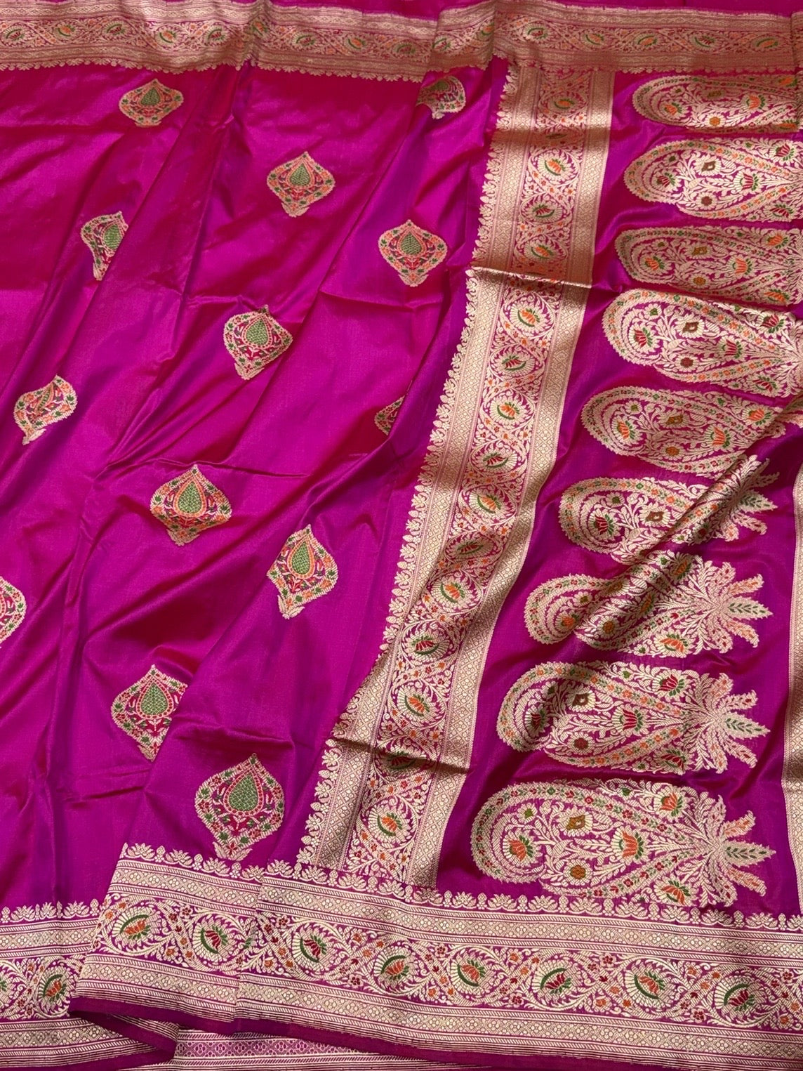 Rani Pink Handwoven Pure Banarasi Silk Saree – Kadwa Weave in 100% Katan Mulberry Silk