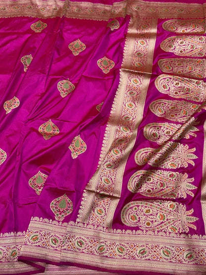 Rani Pink Handwoven Pure Banarasi Silk Saree – Kadwa Weave in 100% Katan Mulberry Silk