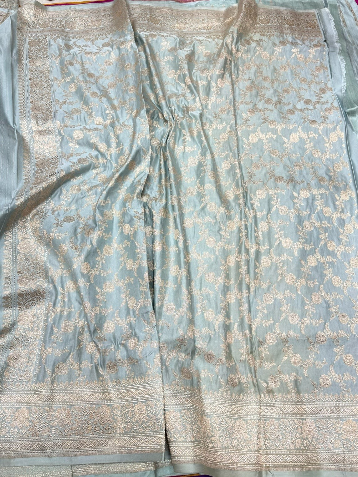 Ash Grey Handwoven Vintage Pure Banarasi Satin Silk Saree