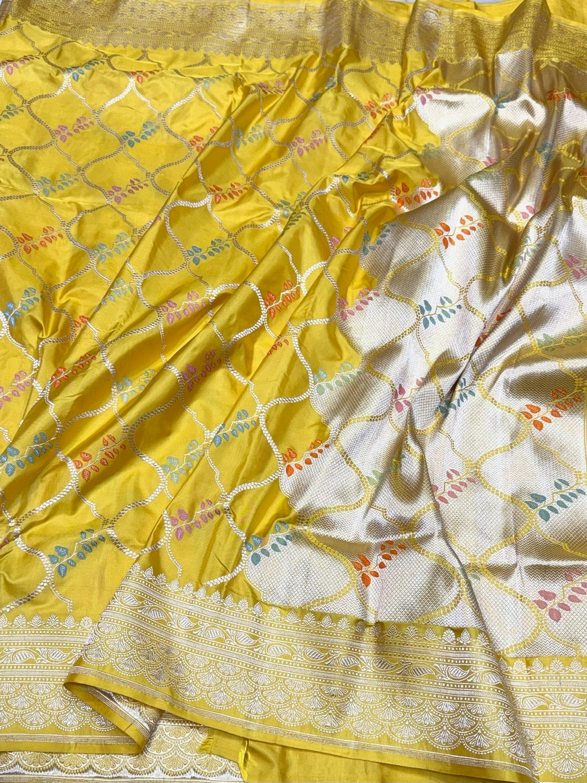 Yellow Handwoven Pure Banarasi Katan Silk Saree – Authentic Kadwa Weave from Banaras