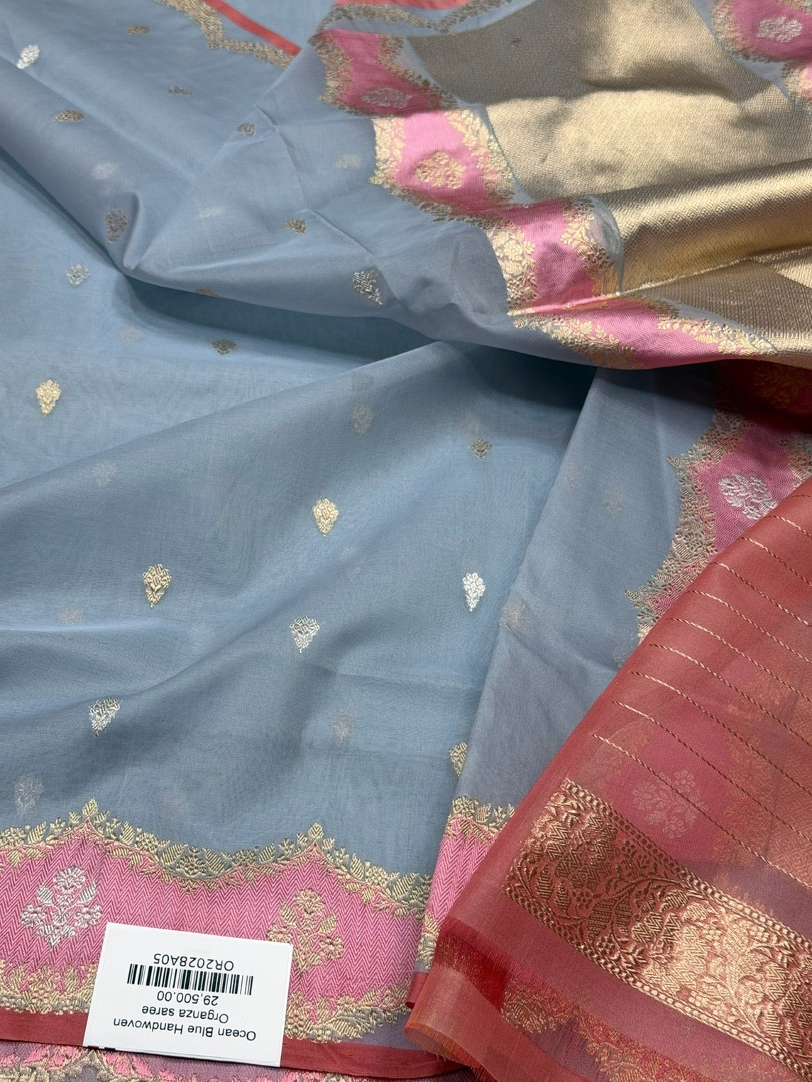 Bluish Grey Handwoven Banarasi Pure Organza Silk Saree