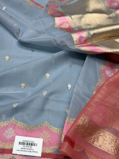 Bluish Grey Handwoven Banarasi Pure Organza Silk Saree