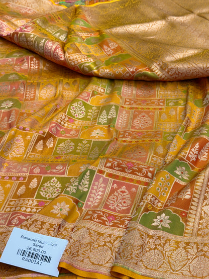 Multicolour Banarasi Pure Silk Saree – Cutwork Weave in 100% Pure Katan Silk
