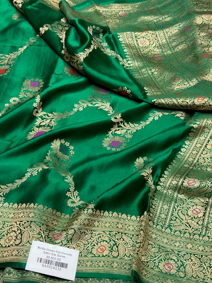 Bottle Green Handwoven Pure Mashru Banarasi Satin Silk Saree