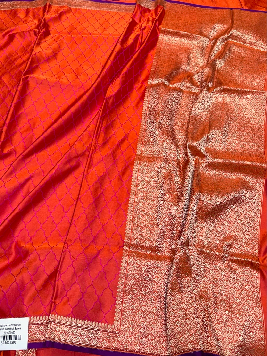 Orange Handwoven Pure Banarasi Satin Tanchoi Silk Saree